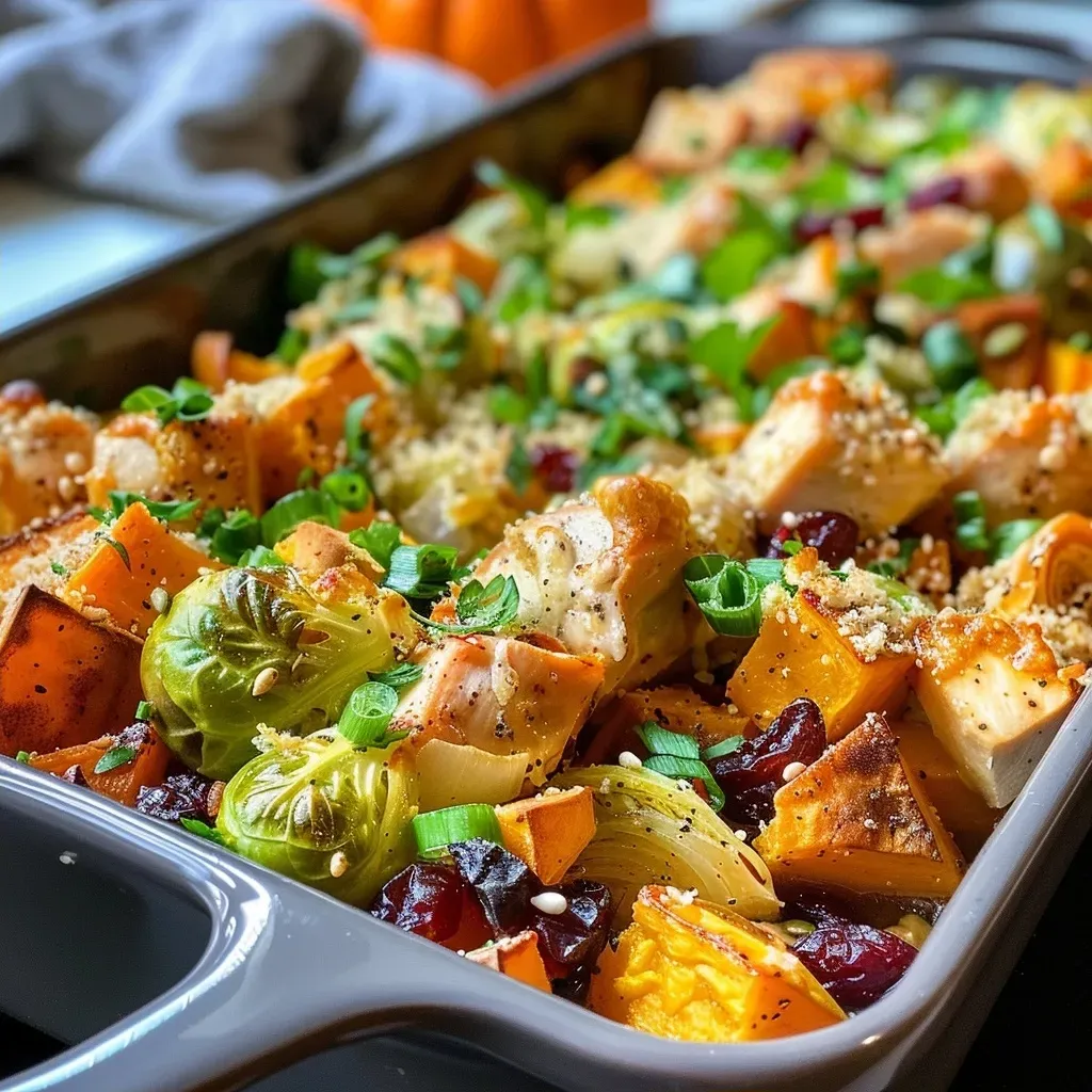 ['Close-up side view of a Harvest Chicken Casserole with visible sweet potatoes and cheese topping.', 'Juicy Harvest Chicken Casserole in a dish, showcasing layers of vegetables and chicken.', 'Close-up of a baked casserole featuring sweet potatoes, chicken, and melted cheddar cheese.', 'Detail of a Harvest Chicken Casserole served with cranberries and pepitas on top.']