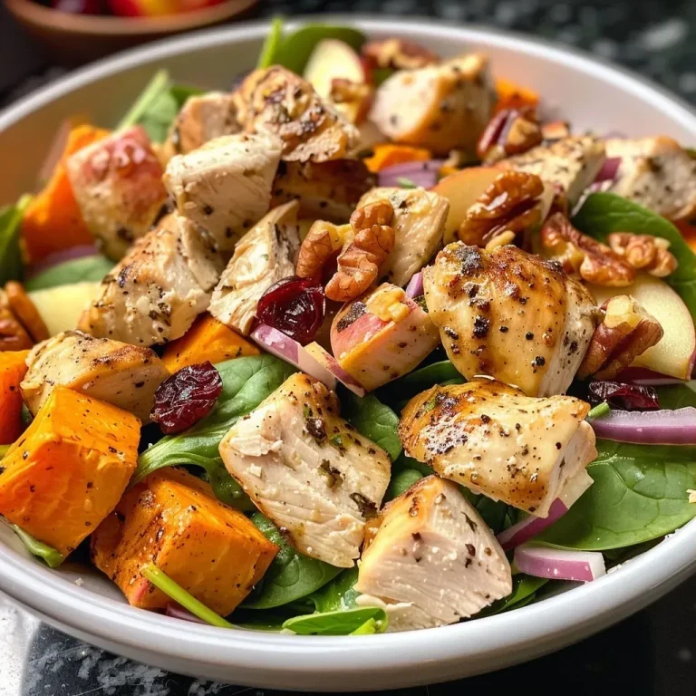 ['Close-up view of a vibrant Harvest Chicken Salad with diced sweet potatoes, cranberries, and walnuts.', 'Side perspective of a colorful salad featuring chicken, spinach, and apple, drizzled with creamy dressing.', 'Detailed shot of a hearty chicken salad, highlighting fresh ingredients like spinach, diced apples, and nuts.', 'Appetizing Harvest Chicken Salad served in a bowl, showcasing its colorful ingredients and dressing.']