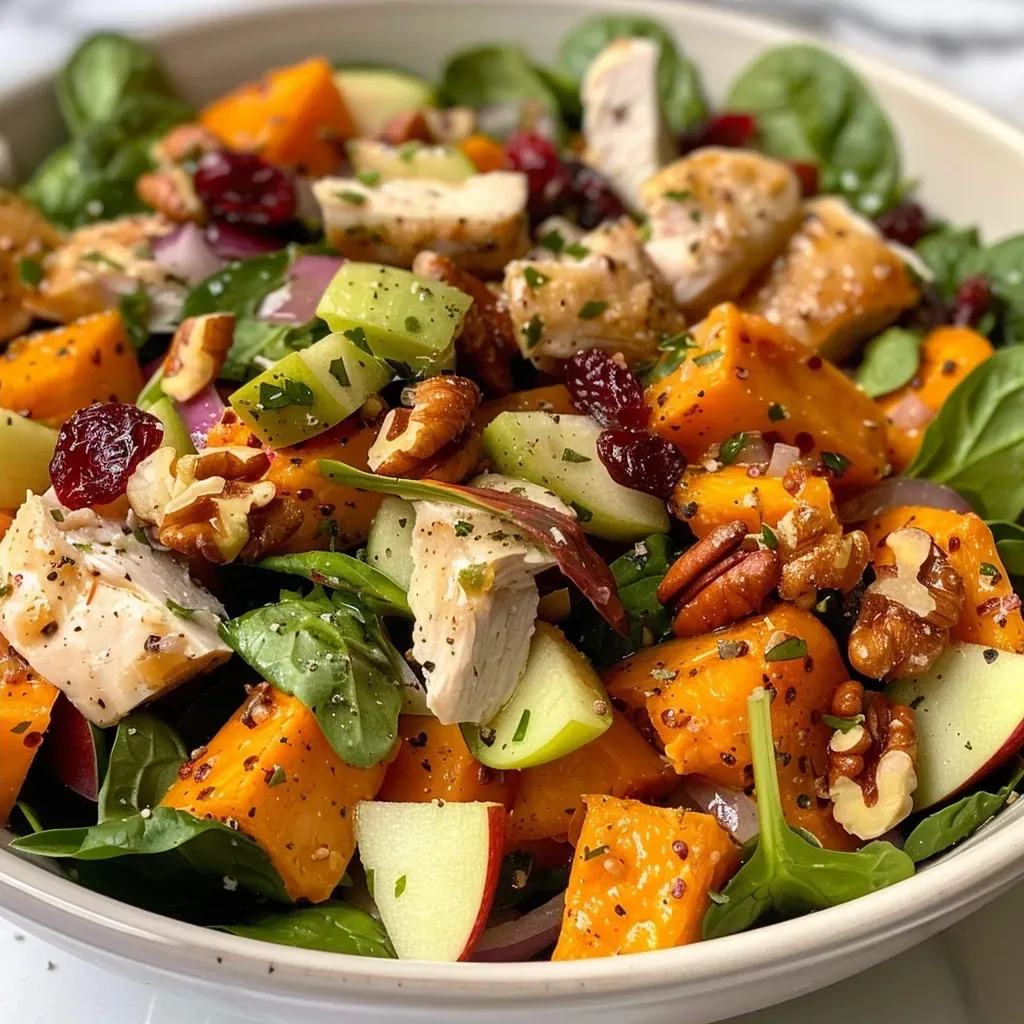 ['Close-up view of a vibrant Harvest Chicken Salad with diced sweet potatoes, cranberries, and walnuts.', 'Side perspective of a colorful salad featuring chicken, spinach, and apple, drizzled with creamy dressing.', 'Detailed shot of a hearty chicken salad, highlighting fresh ingredients like spinach, diced apples, and nuts.', 'Appetizing Harvest Chicken Salad served in a bowl, showcasing its colorful ingredients and dressing.']
