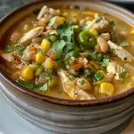['Close-up view of a bowl of Healthy White Chicken Chili showcasing chicken, beans, corn, and cilantro.', 'Side view of a steaming bowl of Healthy White Chicken Chili with visible ingredients including chicken, beans, and spices.', 'Close-up image of Healthy White Chicken Chili garnished with cilantro and lime, highlighting the creamy texture.', 'Detailed view of a vibrant Healthy White Chicken Chili in a bowl, featuring chicken, corn, and green chiles.']