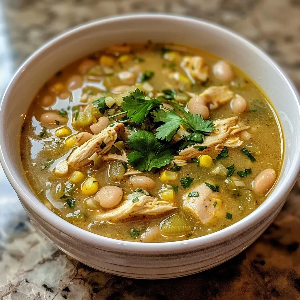 ['Close-up view of a bowl of Healthy White Chicken Chili showcasing chicken, beans, corn, and cilantro.', 'Side view of a steaming bowl of Healthy White Chicken Chili with visible ingredients including chicken, beans, and spices.', 'Close-up image of Healthy White Chicken Chili garnished with cilantro and lime, highlighting the creamy texture.', 'Detailed view of a vibrant Healthy White Chicken Chili in a bowl, featuring chicken, corn, and green chiles.']