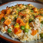 ['Close-up of a juicy chicken pot pie made with sweet potatoes.', 'Side view of a delicious high-protein chicken pot pie featuring sweet potatoes.', 'A vibrant and hearty chicken pot pie incorporating sweet potatoes and mixed vegetables.', 'Colorful chicken pot pie filled with diced chicken, sweet potatoes, and vegetables.']