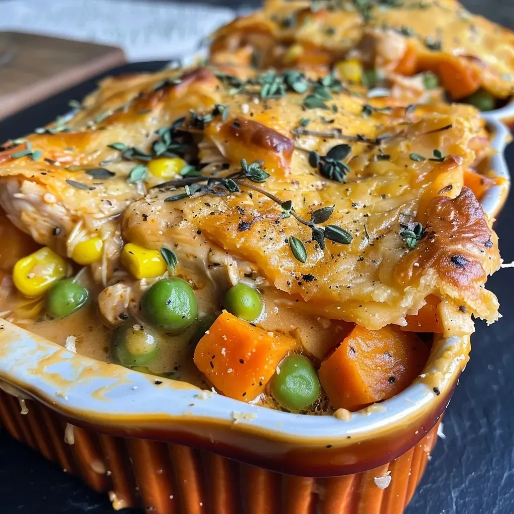 ['Close-up of a juicy chicken pot pie made with sweet potatoes.', 'Side view of a delicious high-protein chicken pot pie featuring sweet potatoes.', 'A vibrant and hearty chicken pot pie incorporating sweet potatoes and mixed vegetables.', 'Colorful chicken pot pie filled with diced chicken, sweet potatoes, and vegetables.']