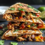 ['Close-up view of a juicy high protein quesadilla filled with colorful ingredients.', 'Side angle of a delicious quesadilla showcasing melted cheese and chicken.', 'High protein quesadilla with vibrant vegetables displayed on a plate.', 'Image of a quesadilla, highlighting shredded chicken and black beans, garnished with cilantro.']