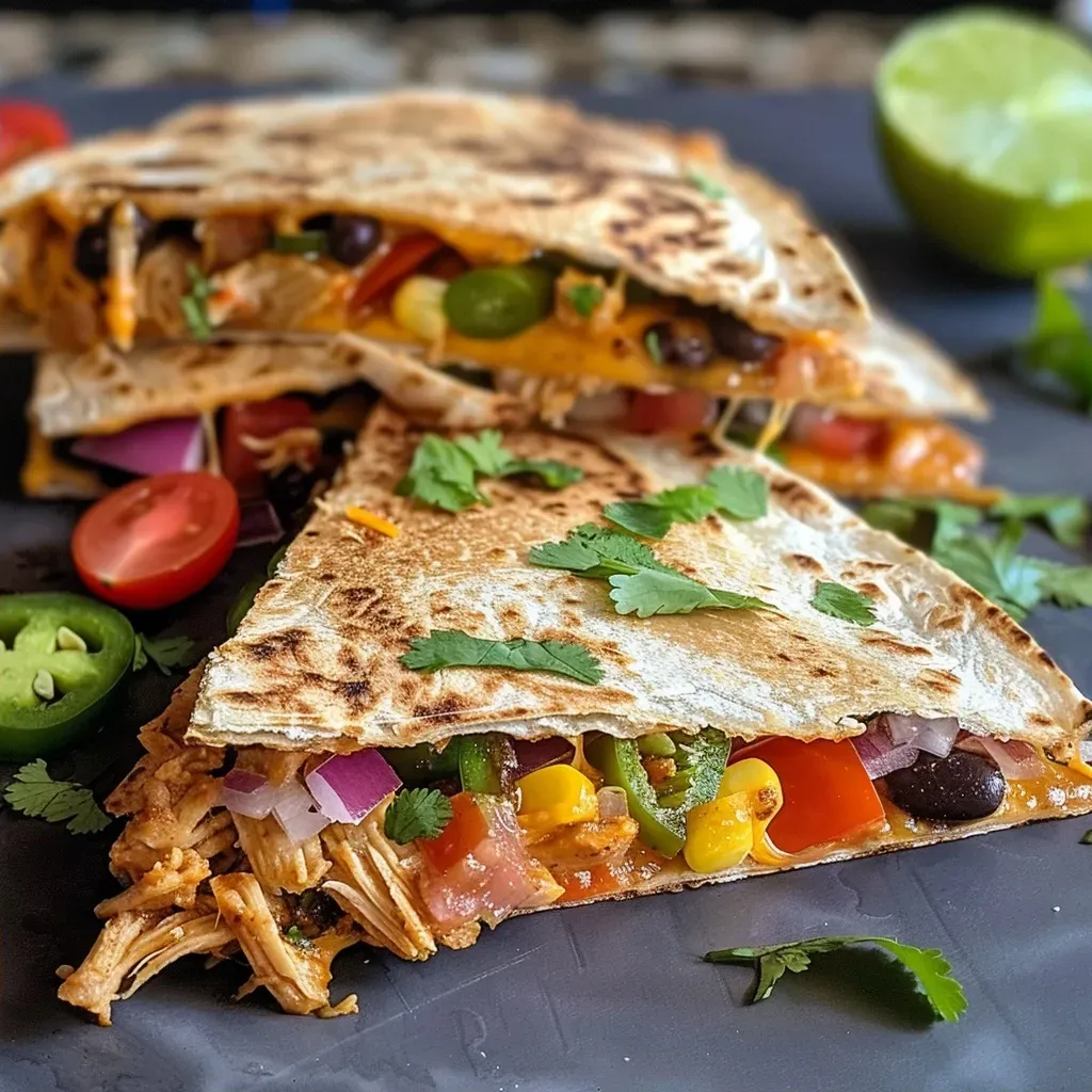 ['Close-up view of a juicy high protein quesadilla filled with colorful ingredients.', 'Side angle of a delicious quesadilla showcasing melted cheese and chicken.', 'High protein quesadilla with vibrant vegetables displayed on a plate.', 'Image of a quesadilla, highlighting shredded chicken and black beans, garnished with cilantro.']