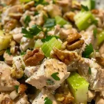 ['Close-up of a colorful High Protein Waldorf Chicken Salad featuring diced chicken, walnuts, apples, and celery.', 'Side view of a vibrant Waldorf Chicken Salad loaded with fresh ingredients and a creamy dressing.', 'Juicy Waldorf Chicken Salad in a bowl, showcasing walnuts, chicken, and diced apple, garnished with parsley.', 'Detailed image of a High Protein Chicken Salad with a mix of chicken, celery, and toasted walnuts.']