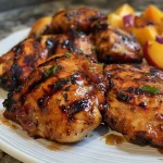 ['Close-up of grilled chicken coated in honey bourbon glaze, served with peach chutney.', 'Juicy honey bourbon grilled chicken with diced peaches and red onions in the background.', 'Plate featuring vibrant roasted peach chutney and glazed chicken in a side view.', 'Succulent grilled chicken garnished with a sweet peach sauce and herbs.']