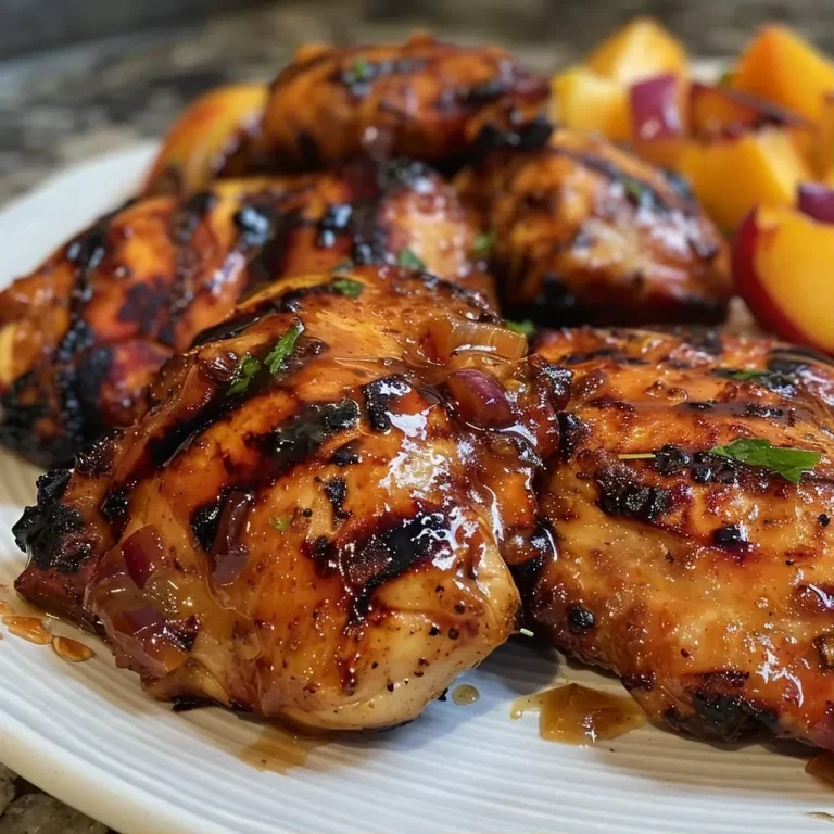 ['Close-up of grilled chicken coated in honey bourbon glaze, served with peach chutney.', 'Juicy honey bourbon grilled chicken with diced peaches and red onions in the background.', 'Plate featuring vibrant roasted peach chutney and glazed chicken in a side view.', 'Succulent grilled chicken garnished with a sweet peach sauce and herbs.']