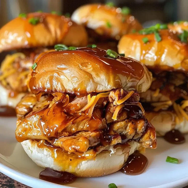 ['Close-up view of juicy Honey Chipotle Chicken Sliders stacked on a plate.', 'Side view of four Honey Chipotle Chicken Sliders with melted cheese draping over.', 'Golden brown slider buns filled with chicken, cheese, and garnished with herbs.', 'A vibrant plate of Honey Chipotle Chicken Sliders showcasing their juicy filling.']