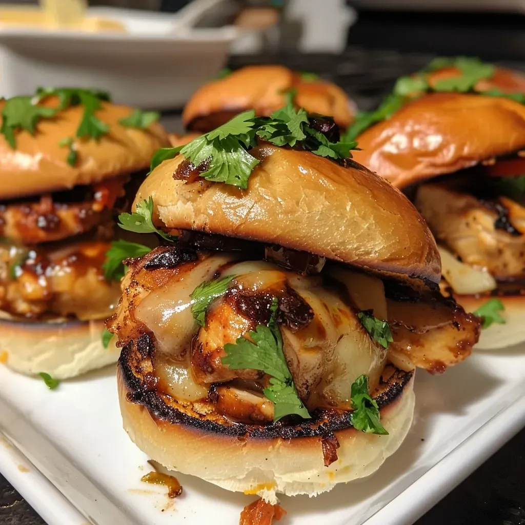['Close-up view of juicy Honey Chipotle Chicken Sliders stacked on a plate.', 'Side view of four Honey Chipotle Chicken Sliders with melted cheese draping over.', 'Golden brown slider buns filled with chicken, cheese, and garnished with herbs.', 'A vibrant plate of Honey Chipotle Chicken Sliders showcasing their juicy filling.']