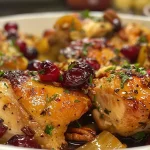 ['Close-up of a Honey Cranberry Chicken Bake with ricotta cheese, garnished with parsley.', 'Side view of a juicy chicken bake topped with cranberries and honey, displayed in a baking dish.', 'Honey Cranberry Chicken Bake featuring golden chicken breasts and a creamy ricotta layer.', 'Deliciously baked chicken with cranberries and honey sauce, served on a plate with pecans.']