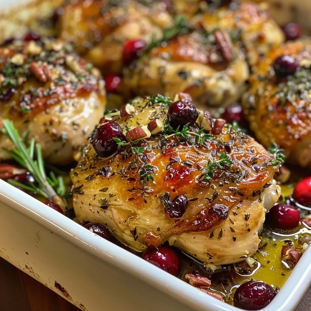 ['Close-up of a Honey Cranberry Chicken Bake with ricotta cheese, garnished with parsley.', 'Side view of a juicy chicken bake topped with cranberries and honey, displayed in a baking dish.', 'Honey Cranberry Chicken Bake featuring golden chicken breasts and a creamy ricotta layer.', 'Deliciously baked chicken with cranberries and honey sauce, served on a plate with pecans.']
