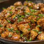 ['Juicy honey garlic chicken garnished with sesame seeds and green onions on a plate.', 'Close-up of golden-brown honey garlic chicken with minced garlic on a wooden cutting board.', 'Side view of succulent chicken breasts coated in a glossy honey garlic sauce.', 'Appetizing honey garlic chicken served with a sprinkle of sesame and green onions.']