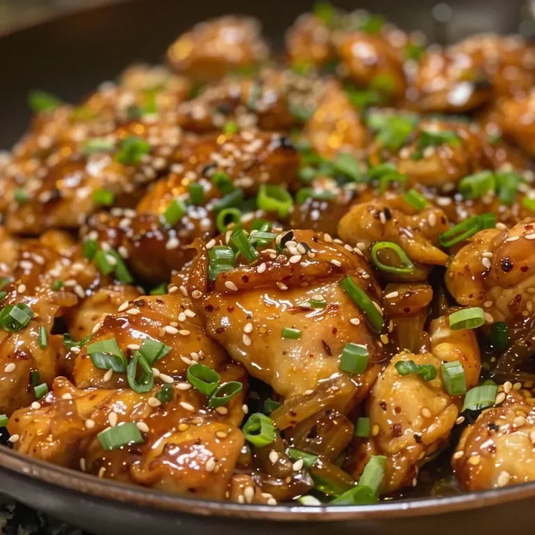 ['Juicy honey garlic chicken garnished with sesame seeds and green onions on a plate.', 'Close-up of golden-brown honey garlic chicken with minced garlic on a wooden cutting board.', 'Side view of succulent chicken breasts coated in a glossy honey garlic sauce.', 'Appetizing honey garlic chicken served with a sprinkle of sesame and green onions.']