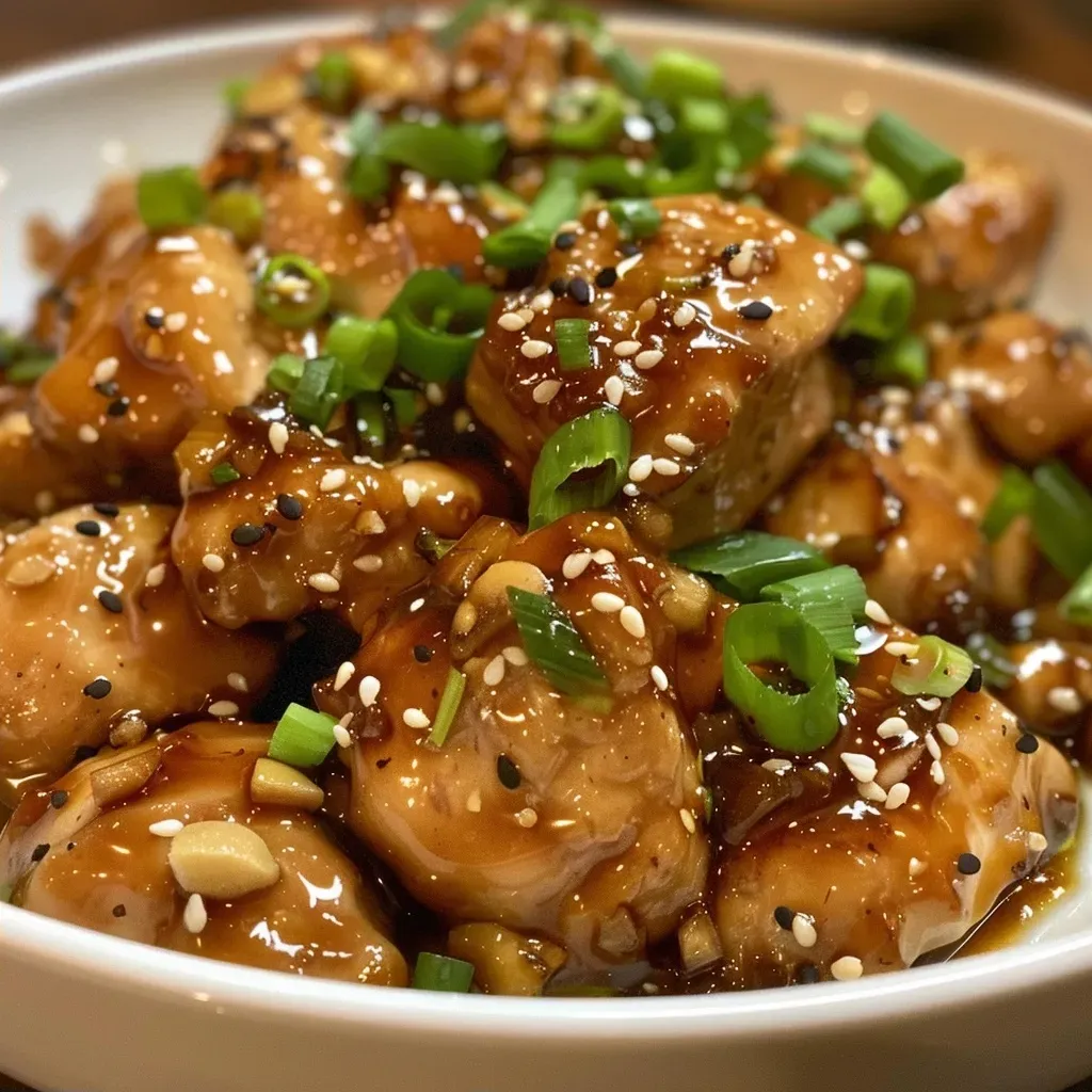 ['Juicy honey garlic chicken garnished with sesame seeds and green onions on a plate.', 'Close-up of golden-brown honey garlic chicken with minced garlic on a wooden cutting board.', 'Side view of succulent chicken breasts coated in a glossy honey garlic sauce.', 'Appetizing honey garlic chicken served with a sprinkle of sesame and green onions.']