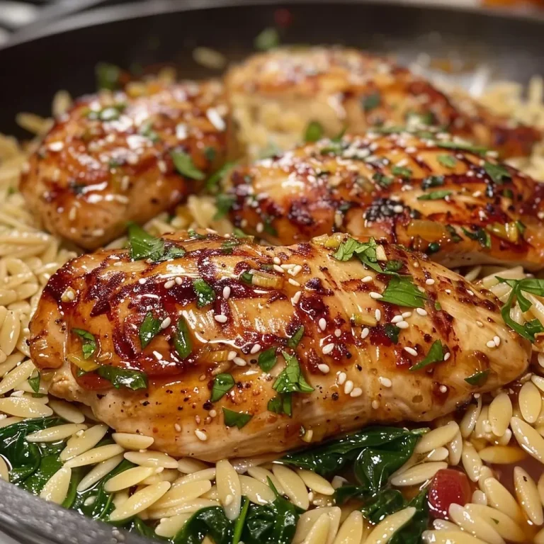 ['Close-up view of Honey Garlic Parmesan Chicken Orzo, highlighting juicy chicken and orzo pasta.', 'Side view of a delicious Honey Garlic Parmesan Chicken Orzo dish with vibrant spinach and grated cheese.', 'Appetizing plate of Honey Garlic Parmesan Chicken Orzo showcasing tender chicken and flavorful sauce.', 'Colorful serving of orzo pasta intermingled with chicken thighs, garnished with spinach and cheese.']