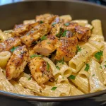 ['Juicy Honey Mustard Chicken Alfredo Pasta with rigatoni and herbs.', 'Close-up view of creamy Honey Mustard Chicken Alfredo Pasta garnished with parsley.', 'Side view of Honey Mustard Chicken Alfredo, showcasing chicken strips and sauce.', 'Plate of Honey Mustard Chicken Alfredo Pasta with colorful seasoning and textures.']