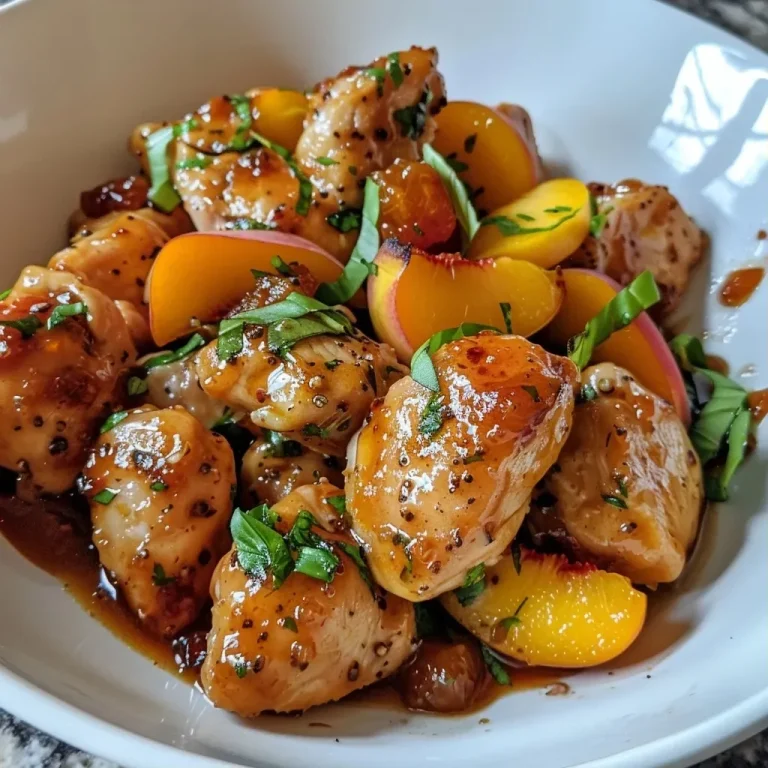['Close-up view of Honey Peach Chicken with juicy pieces of chicken and peach slices.', 'Side view of a plate showcasing Honey Peach Chicken with vibrant peach preserves.', 'Delicious Honey Peach Chicken with chunks of chicken, peaches, and garnished with fresh basil.', 'Juicy Honey Peach Chicken dish featuring colorful ingredients and a glossy sauce.']