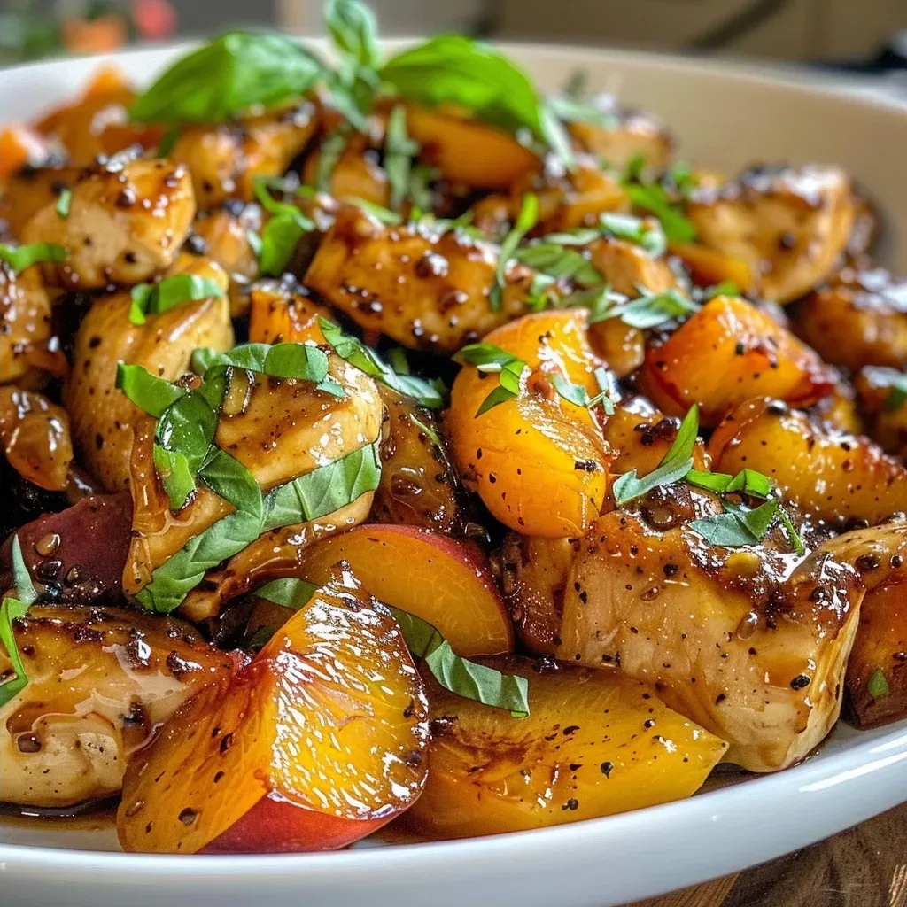 ['Close-up view of Honey Peach Chicken with juicy pieces of chicken and peach slices.', 'Side view of a plate showcasing Honey Peach Chicken with vibrant peach preserves.', 'Delicious Honey Peach Chicken with chunks of chicken, peaches, and garnished with fresh basil.', 'Juicy Honey Peach Chicken dish featuring colorful ingredients and a glossy sauce.']