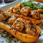 ['Close-up of honey roasted butternut squash stuffed with diced chicken and colorful ingredients.', 'Side view of a baked butternut squash filled with chicken, spinach, and cranberries.', 'Juicy honey roasted butternut squash showcasing tender chicken and a blend of vegetables.', 'Plated butternut squash half stuffed with chicken, garnished with cranberries and spinach.']