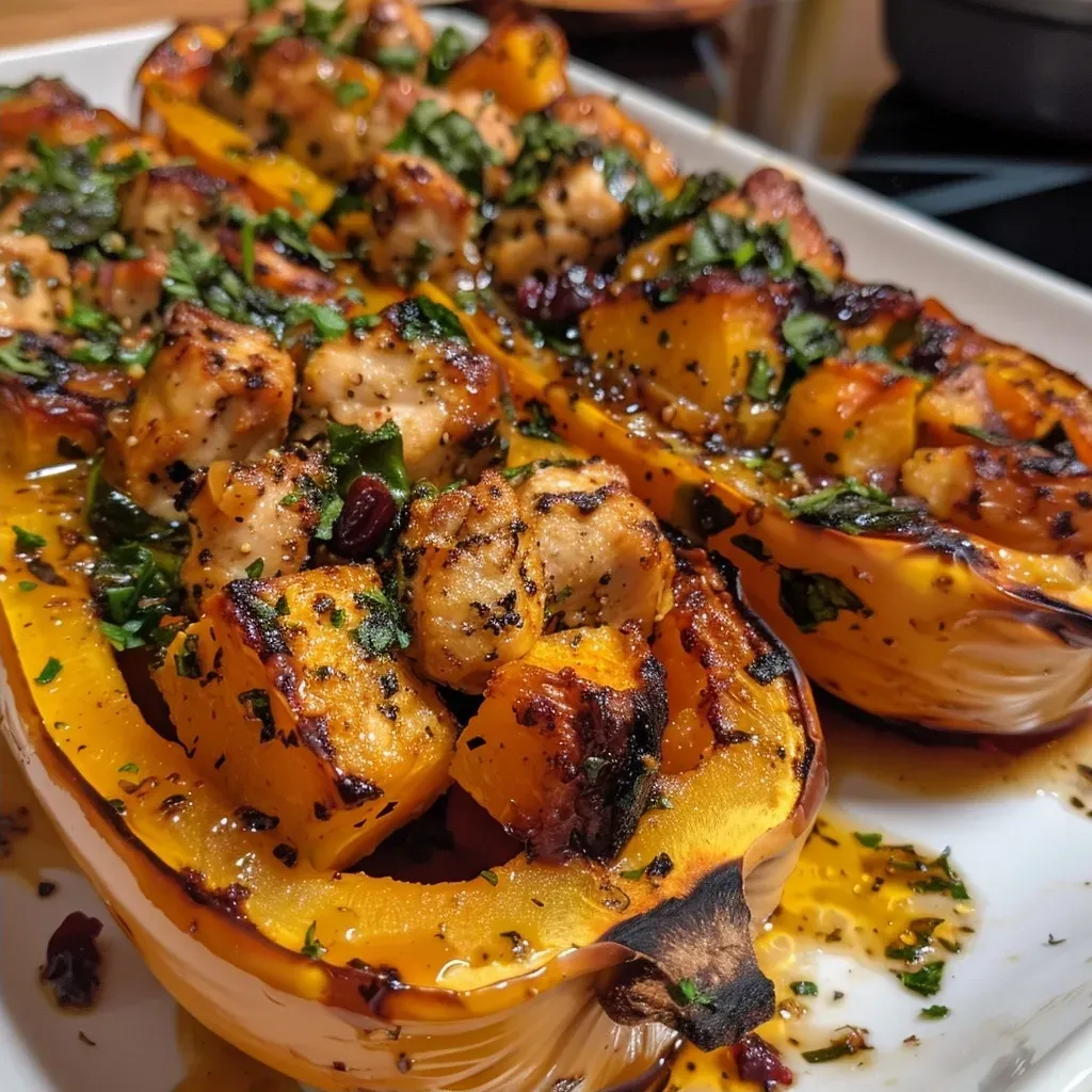 ['Close-up of honey roasted butternut squash stuffed with diced chicken and colorful ingredients.', 'Side view of a baked butternut squash filled with chicken, spinach, and cranberries.', 'Juicy honey roasted butternut squash showcasing tender chicken and a blend of vegetables.', 'Plated butternut squash half stuffed with chicken, garnished with cranberries and spinach.']