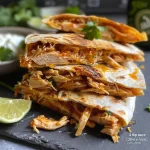 ['Close-up view of crispy hot honey chicken quesadillas, filled with melted cheese and garnished with cilantro.', 'Side angle of delicious hot honey chicken quesadillas, oozing with cheese and topped with chopped jalapeños.', 'Juicy hot honey chicken quesadillas on a plate, showcasing golden brown tortillas and fresh toppings.', 'Close-up of a quesadilla slice revealing shredded chicken, cheese, and a drizzle of honey sauce.']
