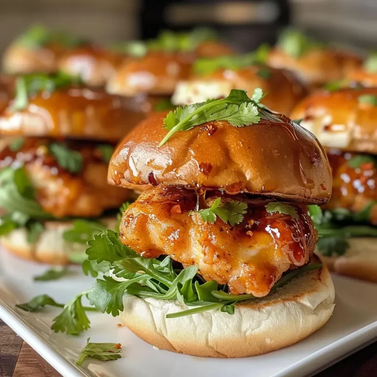 ['A close-up side view of juicy Hot Honey Chicken Sliders with melty cheese and vibrant greens.', 'Succulent chicken sliders drizzled with honey and hot sauce, nestled in soft dinner rolls.', 'A detailed view of spicy chicken sliders topped with cheese and garnished with fresh greens.', 'Crispy chicken pieces in soft buns, elevated with honey and spices, perfect for a savory bite.']