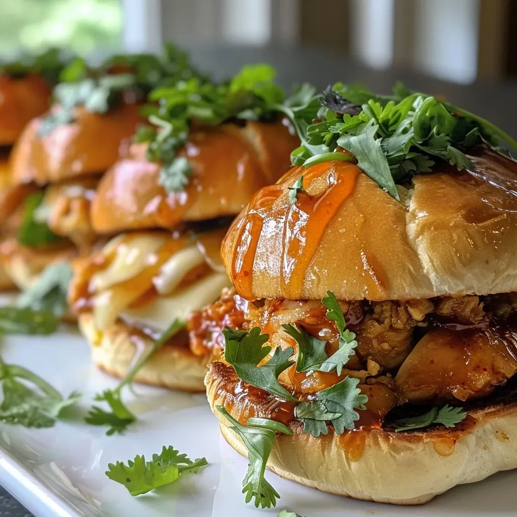 ['A close-up side view of juicy Hot Honey Chicken Sliders with melty cheese and vibrant greens.', 'Succulent chicken sliders drizzled with honey and hot sauce, nestled in soft dinner rolls.', 'A detailed view of spicy chicken sliders topped with cheese and garnished with fresh greens.', 'Crispy chicken pieces in soft buns, elevated with honey and spices, perfect for a savory bite.']