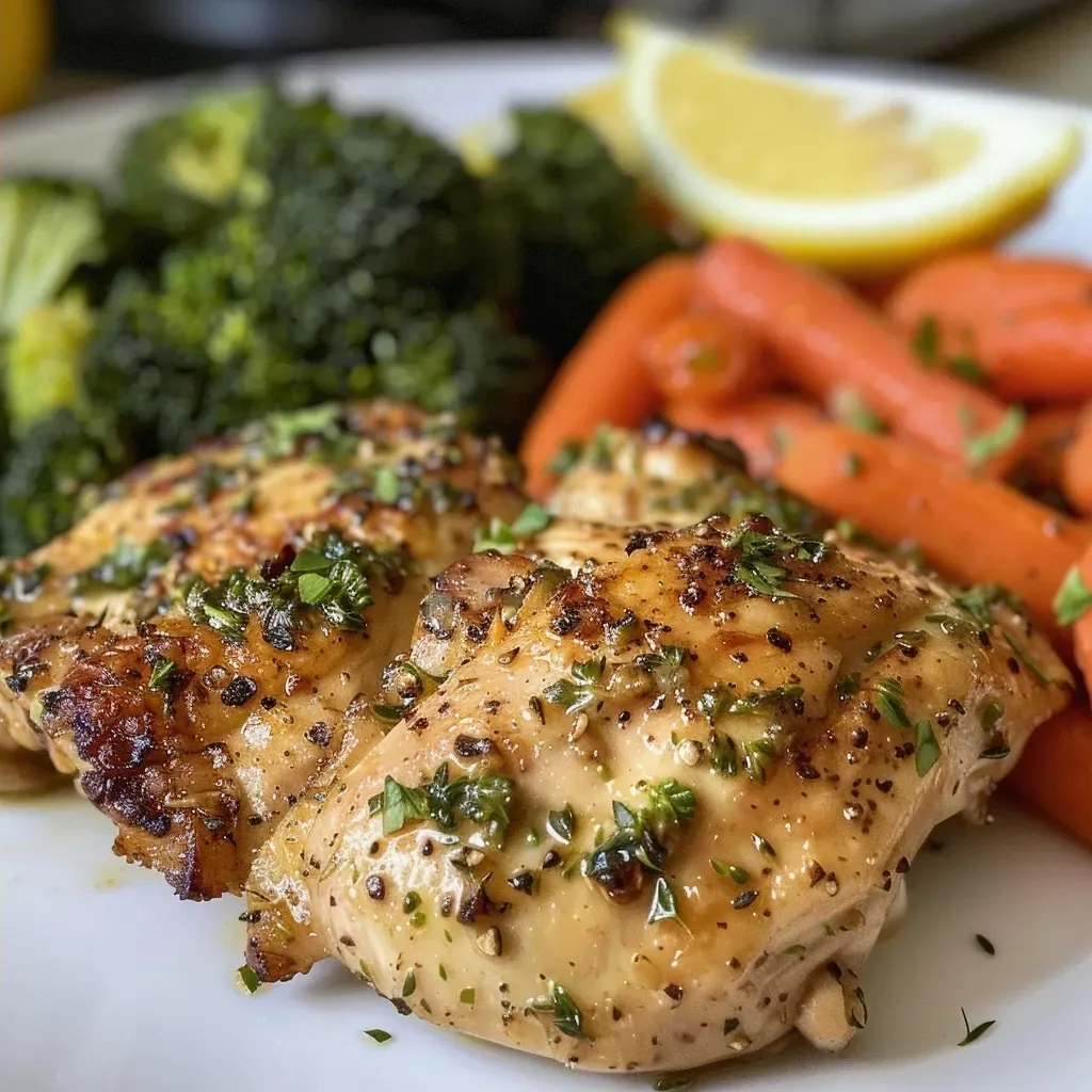 ['Close-up view of juicy Lemon Herb Chicken, Parmesan Broccoli, and Honey-Glazed Carrots.', 'Side view of a plated Lemon Herb Chicken dish with broccoli and carrots, showcasing vibrant colors.', 'Delicious Lemon Herb Chicken garnished with lemon slices, served with broccoli and caramelized carrots.', 'Appetizing close-up of chicken, broccoli sprinkled with parmesan, and glossy honey-glazed carrots.']