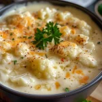 ['A close-up side view of creamy cauliflower cheese soup topped with melted cheese.', 'A bowl of low carb keto cauliflower cheese soup with visible cheese and garlic.', 'A rich, creamy soup featuring cauliflower and cheddar cheese, garnished with herbs.', 'A delicious close-up of steaming cauliflower cheese soup in a bowl.']