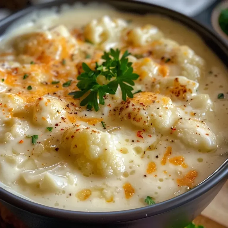 ['A close-up side view of creamy cauliflower cheese soup topped with melted cheese.', 'A bowl of low carb keto cauliflower cheese soup with visible cheese and garlic.', 'A rich, creamy soup featuring cauliflower and cheddar cheese, garnished with herbs.', 'A delicious close-up of steaming cauliflower cheese soup in a bowl.']