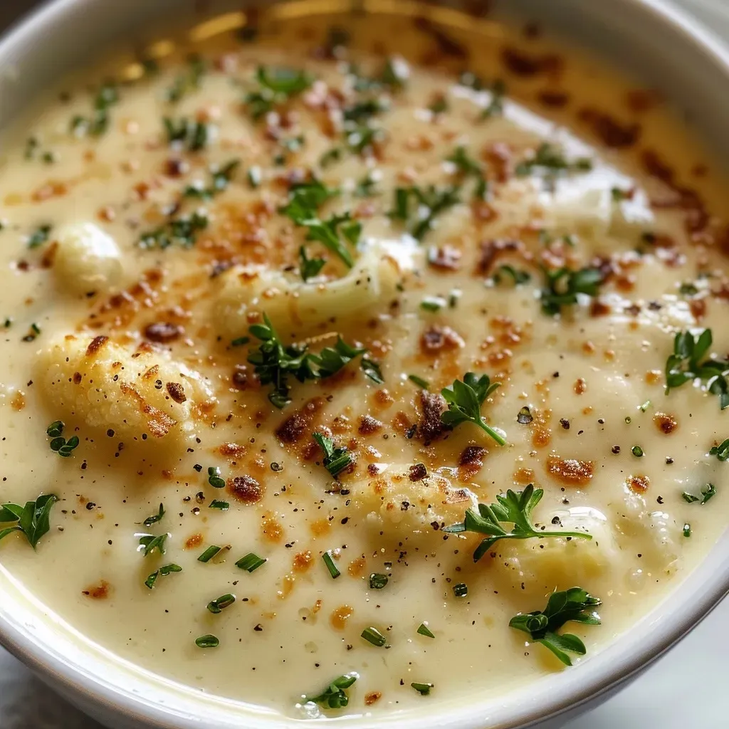 ['A close-up side view of creamy cauliflower cheese soup topped with melted cheese.', 'A bowl of low carb keto cauliflower cheese soup with visible cheese and garlic.', 'A rich, creamy soup featuring cauliflower and cheddar cheese, garnished with herbs.', 'A delicious close-up of steaming cauliflower cheese soup in a bowl.']
