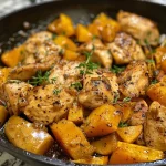 ['Juicy Maple Dijon Chicken and Squash Skillet with vibrant colors.', 'Close-up of sliced chicken and butternut squash in a skillet.', 'Maple Dijon Chicken and Squash Skillet garnished with fresh thyme.', 'A delicious dish featuring golden chicken and colorful squash cubes.']