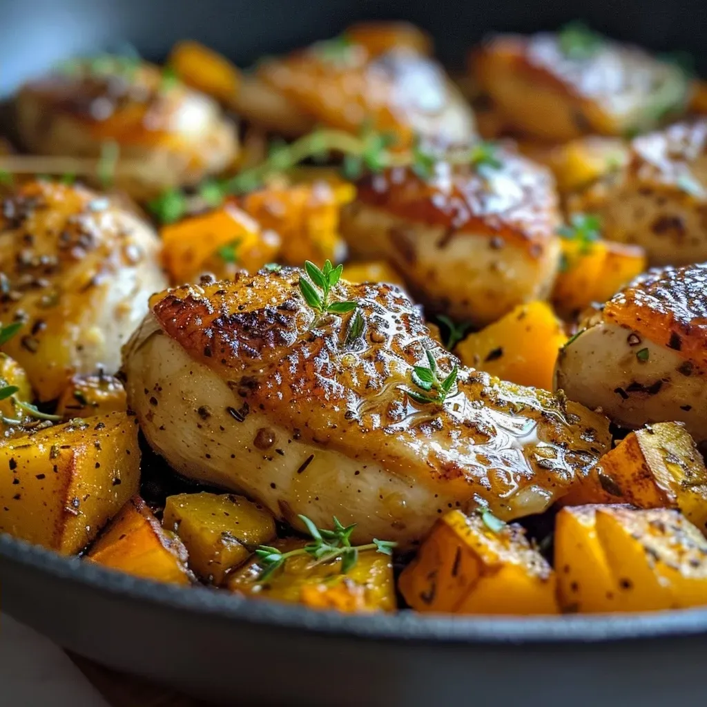['Juicy Maple Dijon Chicken and Squash Skillet with vibrant colors.', 'Close-up of sliced chicken and butternut squash in a skillet.', 'Maple Dijon Chicken and Squash Skillet garnished with fresh thyme.', 'A delicious dish featuring golden chicken and colorful squash cubes.']