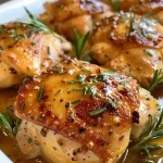 ['Close-up view of juicy Maple Dijon Chicken served with roasted butternut squash cubes.', 'Side view of Maple Dijon Chicken garnished with herbs and accompanied by golden butternut squash chunks.', 'Delicious Maple Dijon Chicken thighs presented with vibrant butternut squash on a white plate.', 'Appetizing Maple Dijon Chicken and butternut squash arrangement, highlighting textures and colors.']