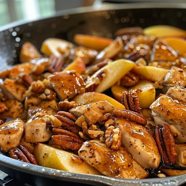['Juicy Maple Pecan Chicken Skillet featuring sliced apples and toasted pecans.', 'Close-up view of Maple Pecan Chicken Skillet with apples, chicken, and nuts.', 'Colorful Maple Pecan Chicken Skillet with apple slices and pecans in a skillet.', 'Delicious Maple Pecan Chicken dish with vibrant apple slices and toasted pecans.']
