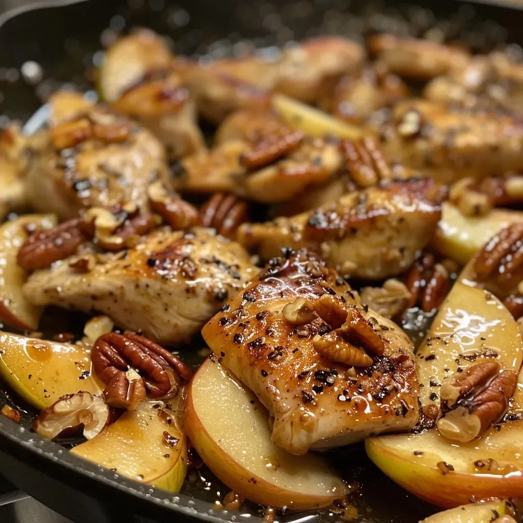 ['Juicy Maple Pecan Chicken Skillet featuring sliced apples and toasted pecans.', 'Close-up view of Maple Pecan Chicken Skillet with apples, chicken, and nuts.', 'Colorful Maple Pecan Chicken Skillet with apple slices and pecans in a skillet.', 'Delicious Maple Pecan Chicken dish with vibrant apple slices and toasted pecans.']