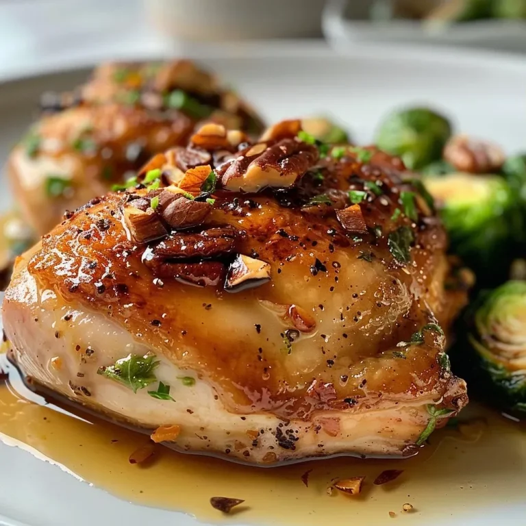 ['Juicy maple pecan chicken thighs plated with Brussels sprouts and pecans.', 'Close-up view of succulent chicken thighs glazed with maple syrup alongside Brussels sprouts.', 'Side view of tender chicken thighs topped with nuts and drizzled in maple syrup, with Brussels sprouts.', 'Plate of crispy maple pecan chicken thighs garnished with pecans and a side of green Brussels sprouts.']