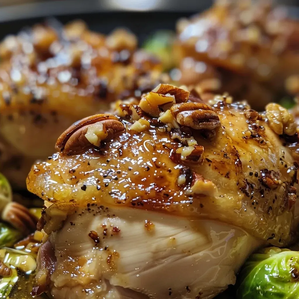 ['Juicy Maple Pecan Chicken dish with a side view, showcasing rich toppings.', 'Close-up of succulent chicken thighs garnished with pecans and maple glaze.', 'Side view of tender Maple Pecan Chicken, highlighting the crispy pecans on top.', 'Delicious Maple Pecan Chicken served, emphasizing its golden-brown exterior.']