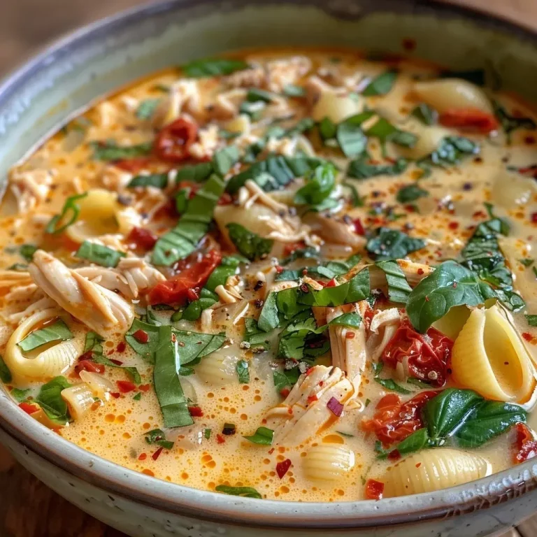 ['Close-up shot of Marry Me Chicken Soup, featuring creamy broth, sun-dried tomatoes, and fresh basil.', 'Side view of a bowl of Marry Me Chicken Soup, highlighting juicy chicken, pasta, and vibrant spinach.', 'Detailed image of Marry Me Chicken Soup, showcasing rich creaminess and colorful ingredients like parmesan and red pepper flakes.', 'Close-up view of a hearty bowl of Marry Me Chicken Soup with chunks of chicken and a sprinkle of herbs.']