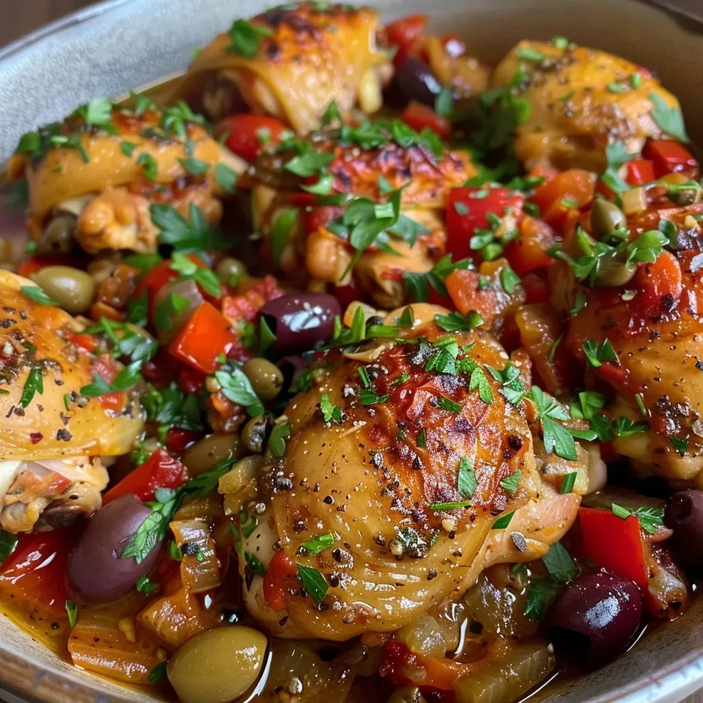 ['Close-up view of a juicy Mediterranean chicken stew in a bowl, featuring vibrant ingredients.', 'Side perspective of a hearty chicken stew with tomatoes, olives, and herbs in a rustic dish.', 'Rich Mediterranean chicken stew displayed in a bowl, highlighting colorful vegetables and spices.', 'Detailed image of a savory chicken stew with olives and herbs, showcasing its inviting texture.']