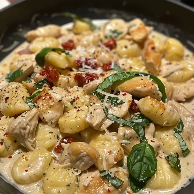 ['Close-up view of creamy chicken gnocchi with spinach and sun-dried tomatoes.', 'Juicy chicken and gnocchi in a creamy sauce served in a pan.', 'Side view of one pan creamy chicken gnocchi garnished with basil.', 'A delicious serving of chicken gnocchi with a rich, creamy texture.']