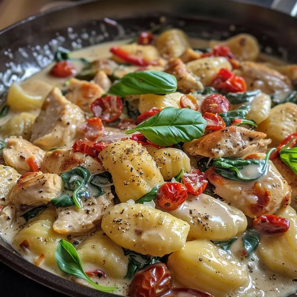 ['Close-up view of creamy chicken gnocchi with spinach and sun-dried tomatoes.', 'Juicy chicken and gnocchi in a creamy sauce served in a pan.', 'Side view of one pan creamy chicken gnocchi garnished with basil.', 'A delicious serving of chicken gnocchi with a rich, creamy texture.']