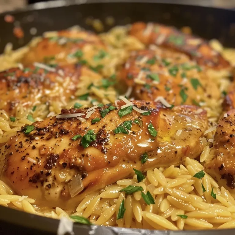 ['Close-up view of a bowl of One Pot Smoky Garlic Butter Parmesan Chicken Orzo, featuring juicy chicken and creamy pasta.', 'Side view of a delicious dish of chicken orzo, garnished with parsley and showing rich creamy sauce.', 'Appetizing plate of One Pot Smoky Garlic Butter Parmesan Chicken Orzo with visible garlic and herbs.', 'Juicy chicken thighs mixed with orzo pasta in a creamy garlic sauce, displayed in a bowl.']