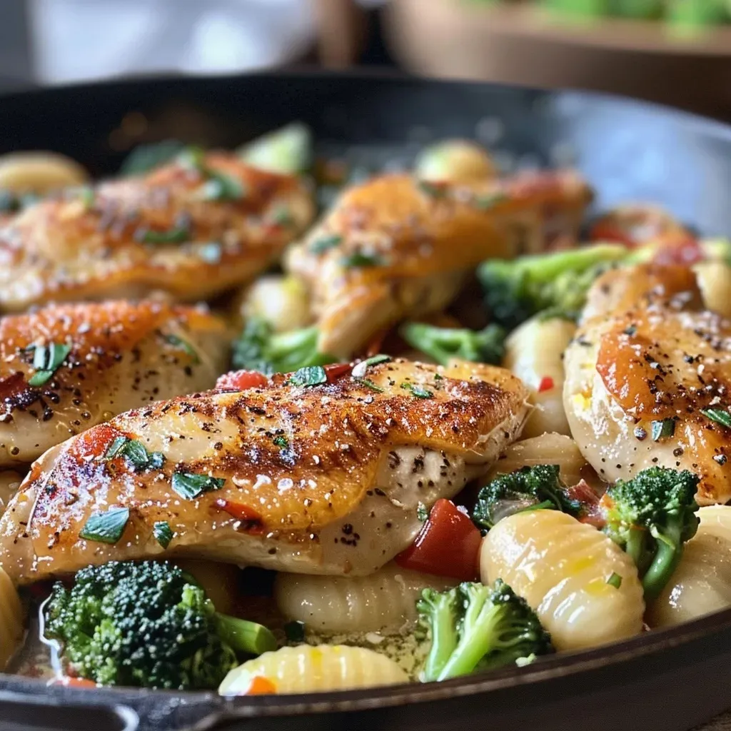 ['Close-up view of One-Skillet Chicken and Gnocchi showcasing juicy chicken slices and tender gnocchi.', 'A side view of One-Skillet Chicken and Gnocchi served in a skillet, highlighting vibrant colors and textures.', 'Deliciously plated One-Skillet Chicken and Gnocchi featuring broccoli and creamy sauce.', 'Close-up of a hearty meal featuring chicken, gnocchi, and fresh ingredients in a skillet.']