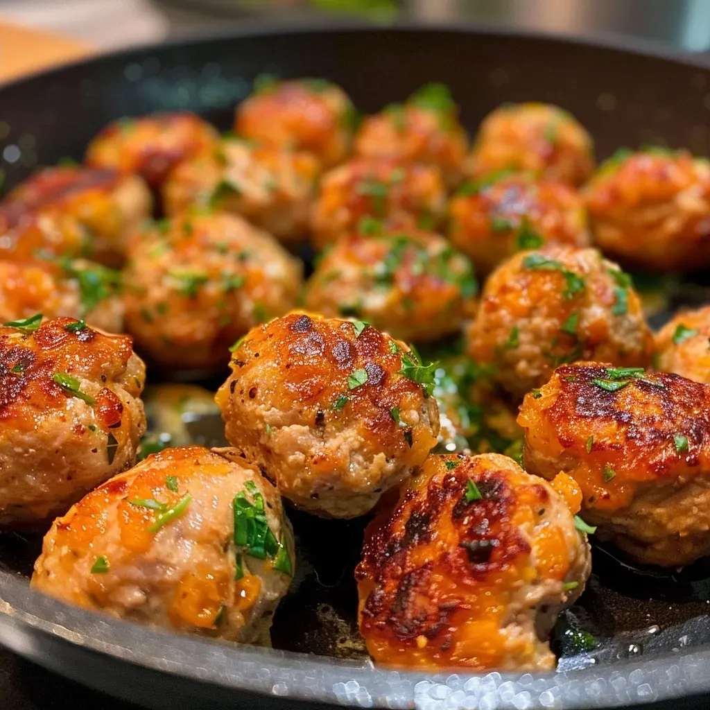 ['Close-up view of juicy Paleo chicken meatballs on a plate.', 'Side view of golden-brown chicken meatballs with texture detail.', 'Appetizing chicken meatballs made with sweet potato on a clean surface.', 'Freshly cooked chicken meatballs highlighting ingredients like garlic and onion.']