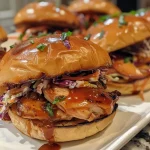 ['Close-up view of Peach BBQ chicken sliders on a platter.', 'Juicy Peach BBQ chicken sliders with fresh ingredients displayed.', 'Side view of chicken sliders topped with coleslaw and pickles.', 'Mouthwatering Peach BBQ chicken sliders served on soft buns.']