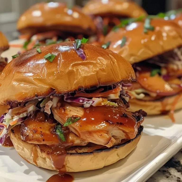 ['Close-up view of Peach BBQ chicken sliders on a platter.', 'Juicy Peach BBQ chicken sliders with fresh ingredients displayed.', 'Side view of chicken sliders topped with coleslaw and pickles.', 'Mouthwatering Peach BBQ chicken sliders served on soft buns.']