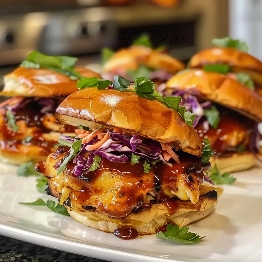 Close-up view of Peach BBQ chicken sliders on a platter.