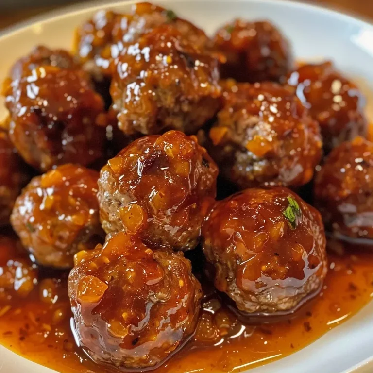 ['Close-up view of juicy Peach Bourbon Meatballs coated in a glossy barbecue sauce.', 'Side view of succulent meatballs featuring a shiny peach glaze, garnished with herbs.', 'A detailed look at vibrant Peach Bourbon Meatballs served in a bowl, highlighting their juicy texture.', 'Close-up of meatballs in a rich barbecue sauce infused with peach, showcasing their appetizing appearance.']